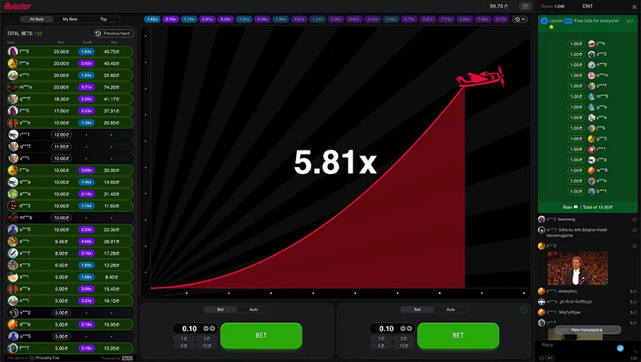 Aviator desktop interface during a live round at 5.81x: multiplier curve, bet list, two bet panels and in-game chat