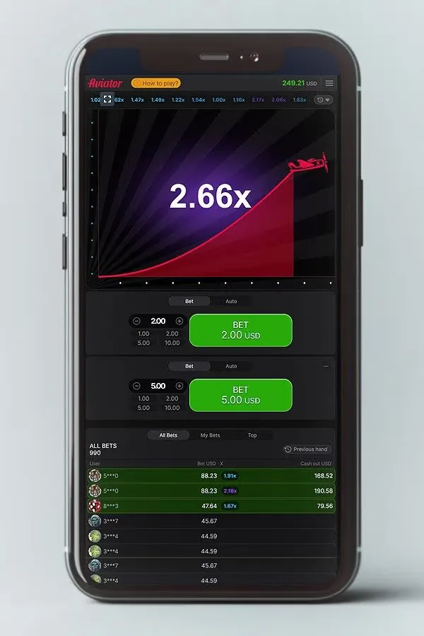 Aviator mobile interface on a smartphone: a round at 2.66x with two bet panels and the live bet list