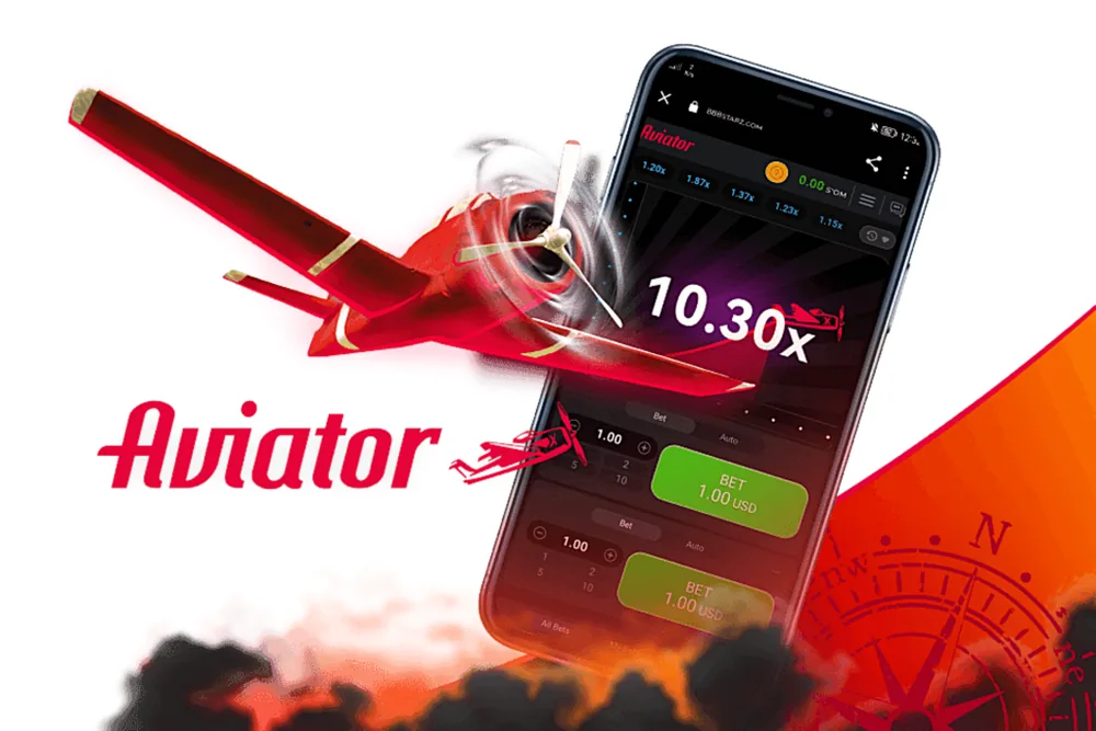 Aviator promotional artwork: the red plane beside a phone showing a 10.30x round