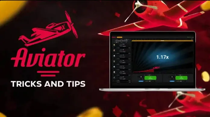 Aviator tricks and tips banner with the game running on a laptop at 1.17x
